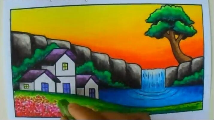 How to Draw Nature Scenery of Waterfall, Sunset and Houses _ Easy Waterfall Suns