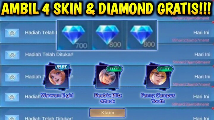 KLAIM 4 SKIN & 680 DIAMOND GRATIS CARA DAPATKAN MOBILE LEGEND ML TERBARU 2022