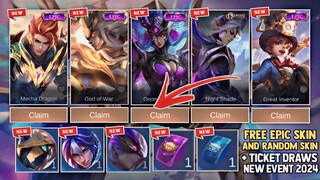 NEW EVENT 2024! CLAIM YOUR FREE EPIC SKIN AND RANDOM SKIN + TOKEN DRAWS! FREE SKIN! | MOBILE LEGENDS