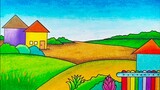 Cara mewarnai gradasi pemandangan rumah || Menggambar pemandangan rumah pedesaan