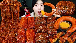 ASMR MUKBANG| 직접 만든 불닭 짜장 버섯 양념치킨 소세지 먹방 & 레시피 FRIED CHICKEN AND FIRE NOODLES EATING