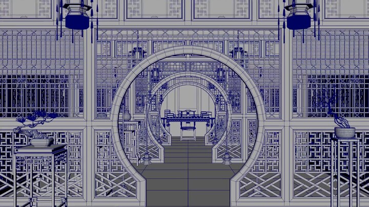 Ancient Chinese palace style architectural model showing indoor study room close-up