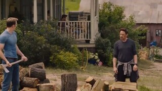 Team America and Iron Man were splitting firewood, and Team America ripped it apart with his bare hands. Iron Man's expression was a little dazed