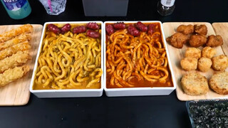 Real Eating without Talking | Curry Noodles& Korean Spicy Noodles & Fried Shrimp, Chicken and Onion Rings