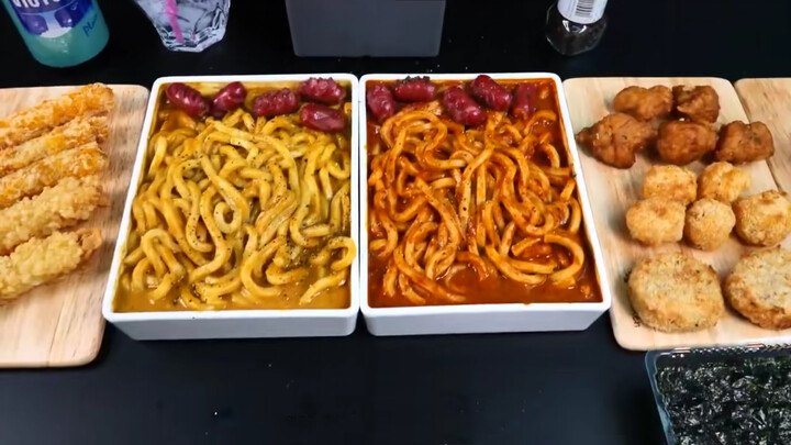 Real Eating without Talking | Curry Noodles& Korean Spicy Noodles & Fried Shrimp, Chicken and Onion Rings