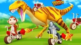 Wooden Dinosaur Bike Racing in Jungle - Monkey Gorilla with Funny Animals | Jungle Animals Videos