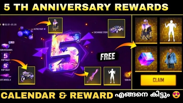 Free fire 5th anniversary 😍 Events Details || Malayalam #instagamer