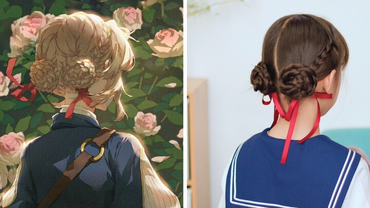 Violet's same style of double bun hairstyle can be done with three braids. It really takes no effort