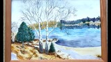 Spring painting. River and trees in watercolor