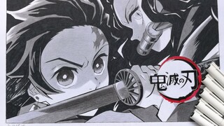 Drawing of Kamado Nezuko and Kamado Tanjirou