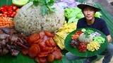 Man Cooking Chef - Brown Fry Rice Beef, Sausage, Egg, Fresh vegetable, Paste Sauce Recipe
