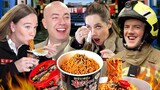 British Firefighters try Korean Fire Noodles for the first time!!