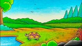 Menggambar pemandangan alam dan kura kura || Cara menggambar dan mewarnai kura kura