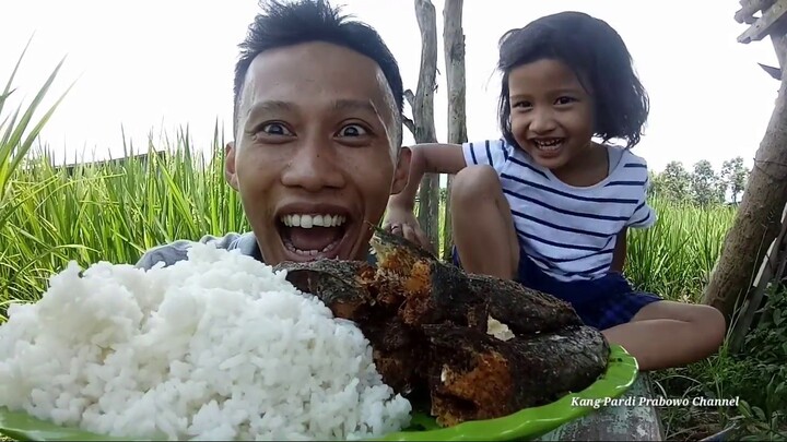Makan nasi lele sambal terasi bareng istri di sawah | Madhang nang Gubuk