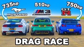 750hp Nissan Skyline R34 GT-R v 735hp Mustang v BMW M3: DRAG RACE