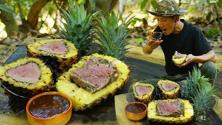 Make Steak in Pineapple Recipe - He Teaching to Cook Steak in Pineapple, Bake Beef Steak