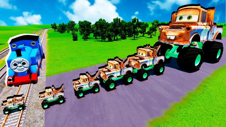 Big & Small Pixar Cars Tow Mater VS Thomas the Tank Engine Train - BeamNG.drive