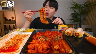 ASMR MUKBANG 직접 만든 떡볶이 불닭볶음면 소세지 핫도그 먹방 & 레시피 FIRE NOODLES AND Tteokbokki EATING SOUND!!!