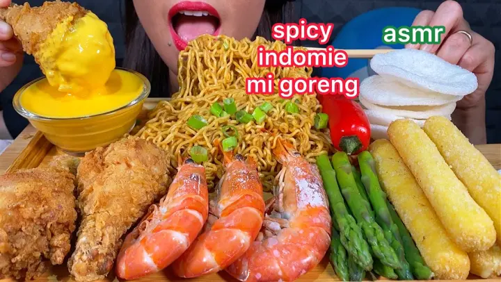 ASMR EATING SPICY INDOMIE MI GORENG FRIED CHICKEN CHEESE STICK SHRIMP ASPARAGUS PEPPER 먹방