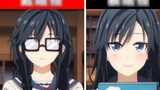 The appearance of the female character when she wears glasses compared to her appearance after takin