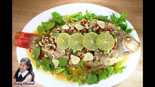 ปลาทับทิมนึ่งมะนาว : Steamed Red Tilapia with Spicy Lime Sauce l Sunny Thai Food