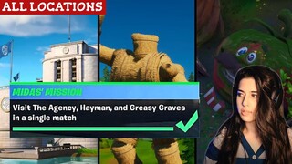 Visit The Agency, Hayman and Greasy Graves in a single match | Midas Challenge (Fortnite Season 2)