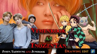 BTS Vminkook as  into Demon Slayer Characters ( Tanjiro, Zenitsu and Inosuke) Drawing Edit #bts