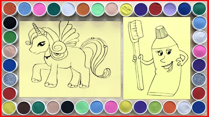 Sand painting unicorn and toothpaste, toothbrush - Relaxing and satisfying video (Chim Xinh channel)