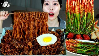 ASMR MUKBANG| 직접 만든 짜파게티 양념치킨 파김치 먹방 & 레시피 FRIED CHICKEN AND BLACK BEAN NOODLES EATING