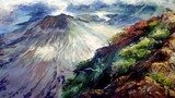 Melukis pemandangan gunung Rinjani - Acrylic painting