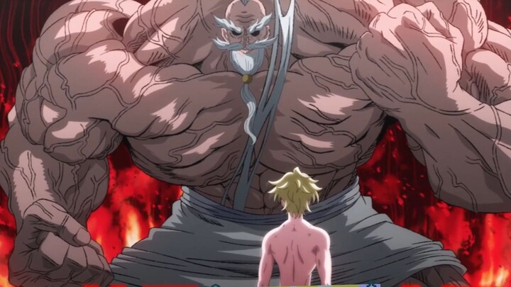 The shriveled old man transforms into a giant Titan and fights against Adam, the ancestor of mankind