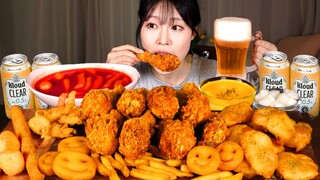 ASMR MUKBANG| 직접 만든 후라이드 치킨 피쉬앤칩스 떡볶이 치즈스틱 치즈볼 먹방 & 레시피 FRIED CHICKEN AND Tteokbokki EATING