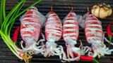 Cooking Squid bbq with Hot Chili Sauce - Yummy Squid bbq for Lunch