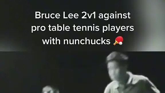 bruce lee vs 2 pro table tennis players with nunchucks.