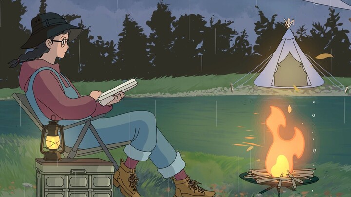 [Camp and warm up by the lake on a rainy day] 45-minute sedentary reminder//Crackling of campfire wo