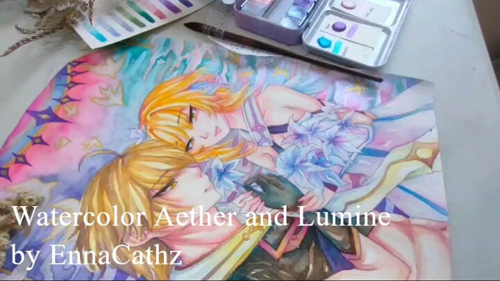 [Watercolor] Aether and Lumine from Genshin Impact
