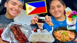 Trying Filipino Food for the FIRST TIME!!! | Chicken Adobo, Pork BBQ Skewers, Pancit, Halo Halo