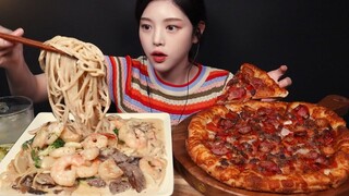 SUB)겉바짭짤 잭슨피자에 토핑 가득 크림파스타 먹방!🍕(ft.새우&스테이크&관자) Pizza, Creamy Steak & Shrimp Pasta Mukbang Asmr