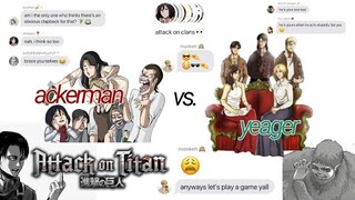 attack on clans; ackermans vs. yeagers pt. 2 | "it's the for me" game ft. eremika [aot]