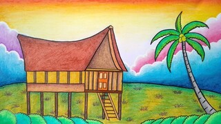 Menggambar rumah adat || Cara menggambar rumah adat toraja || Belajar menggambar rumah adat