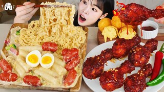 ASMR MUKBANG| 직접 만든 크림 떡볶이 양념치킨 소세지 먹방 & 레시피 FRIED CHICKEN AND Tteokbokki EATING