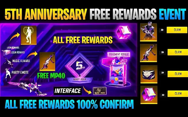 กิจกรรมแจกรางวัลฟรีครบรอบ 5 ปีใน Free Fire ฟรี Emote And Gun skin