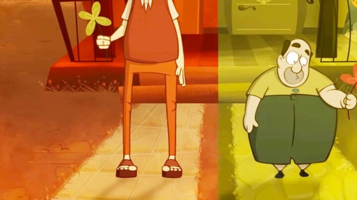 Two different worlds, the red skinny and the green fat are neighbors, implying the animation "Neighb