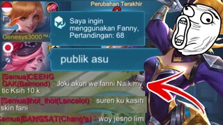 JOKI AKUN GW FANNY NAIK MYTHIC KU KSIH 10RB KWKW !! MUSUH SOGOK GW SKIN FANNY BIAR SURRENDER