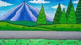 Menggambar pemandangan pohon cemara || Cara menggambar dan mewarnai gunung