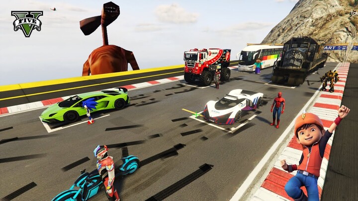 Spiderman Ultraman Sonic Bumblebee Sirenhead Minecraft Boboiboy Ironman Bus Train GTA V Stunt Ramp