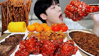 ASMR MUKBANG | 직접 만든 양념 치킨 레시피 & 짜파게티 디저트 먹방 & FRIED CHICKEN RECIPE DESSERT