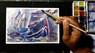 Melukis perahu - water colour