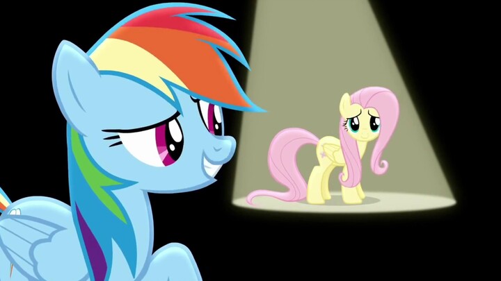 Rainbow Dash dan Fluttershy menyanyikan lagu demo secara mandiri tanpa garis vokal apa pun.