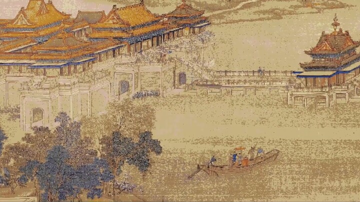 Minecraft pixel painting of the Qing Dynasty version of "Along the River During the Qingming Festiva